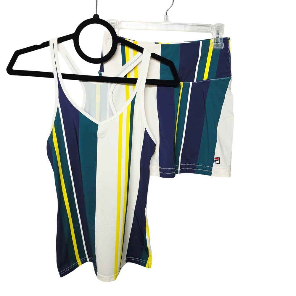 Fila Tennis Skort Tank Set Womens XS Blue Teal Yellow Striped Racerback 2pc